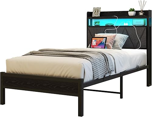 Miniatura 14 de Base de cama matrimonial con luces LED, cabecera tapizada y estación de carga, plataforma de metal, tamaño matrimonial con estantes de