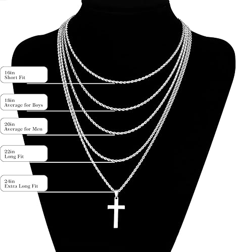 Miniatura 9 de LUXEJEW Collar de cruz para hombres y niños, cadena de cuerda de acero inoxidable plataoronegro, collar con colgante de cruz, joyería para hombre,