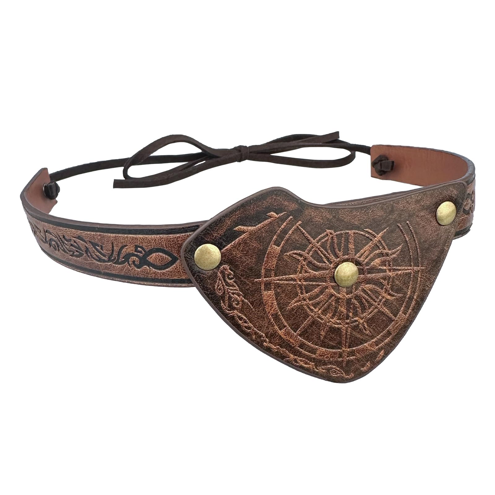 HiiFeuer Medieval Embossed Pirate Eye Patch, Vintage Faux Leather Eye Mask Viking Accessories, Renaissance Eye Cover Cosplay (Brown B) - Image 2