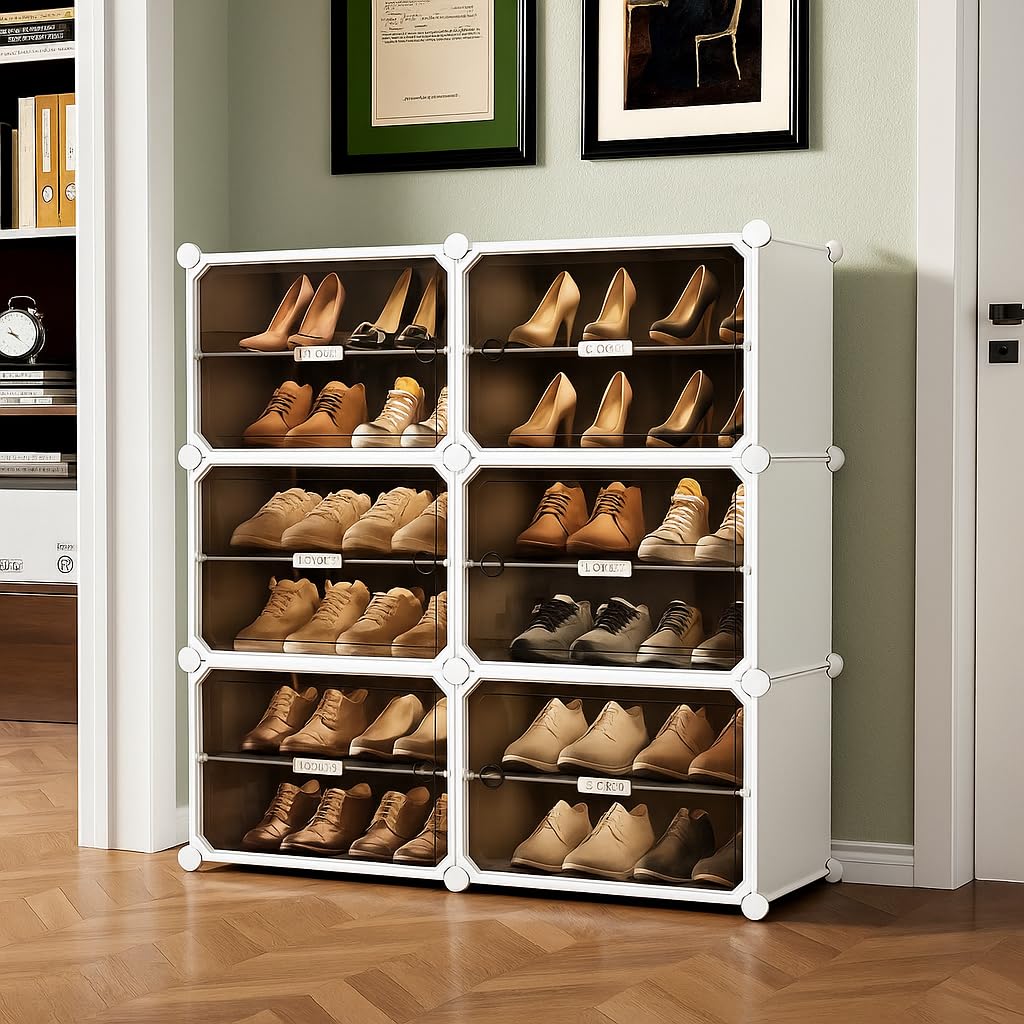 Plastic Shoes Rack for Home, 6-Door 12-Shelf Portable Shoes Rack with Dustproof Door for Heels/Slippers/Boots, DIY Multi-Purpose Shoe Organizer, WHITE-image-24