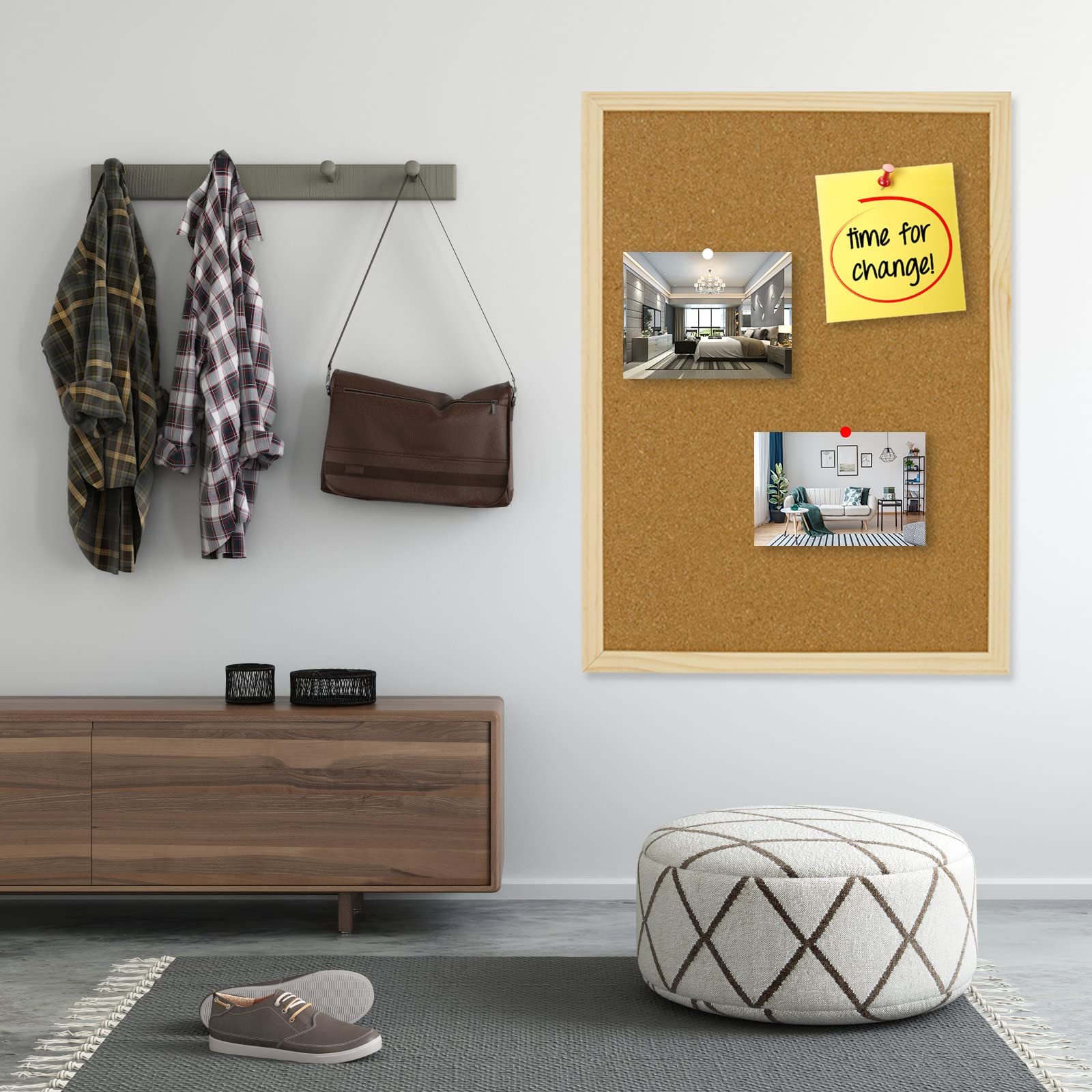 OWLKELA 90X60 cm Bacheca in Sughero Addensata, Lavagna Sughero, Pannelli Sughero, con 10 Puntine da Disegno e Anelli per Appendere Vision Board, Bacheca per Ufficio, Aula o CasaCornice in Legno