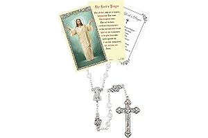 Our Father Prayer Card with Rosary Beads & Holy Card