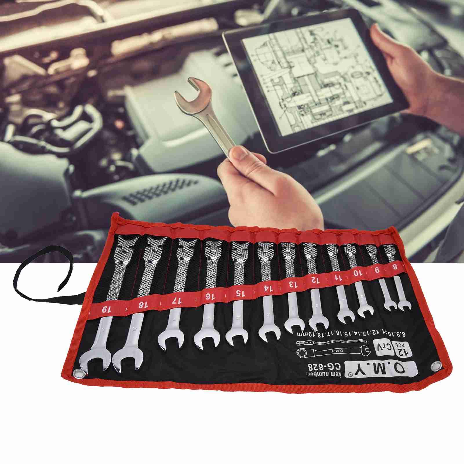 Set Di Chiavi A Cricchetto Con Testa Flessibile 180° – 8 Teste Metriche Da 9 A 19 Mm, In Acciaio Cromo Vanadio