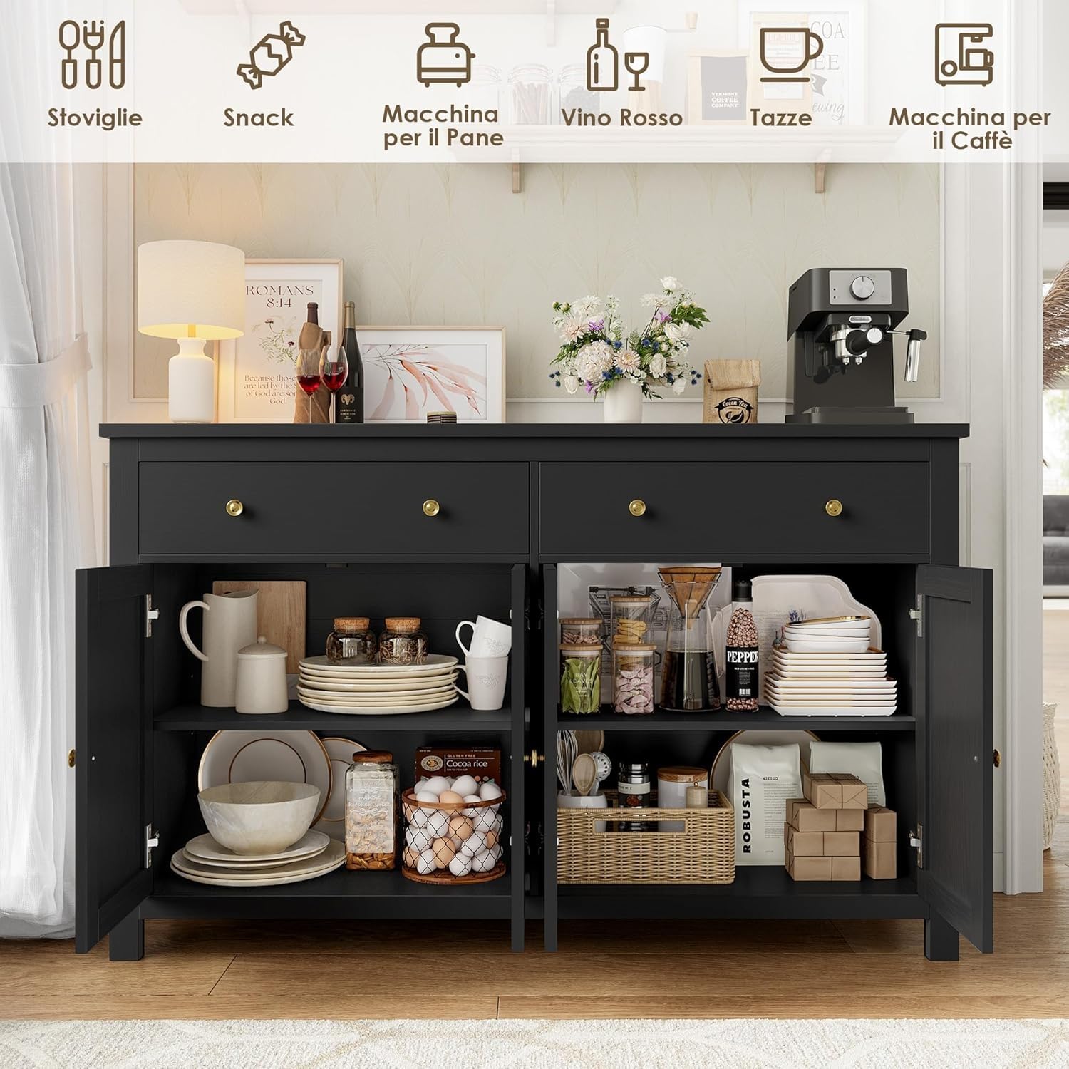 FirFurd Credenza Cucina 140CM,Madia Cucina con 2 Cassetti e 4 Ante Nero | Mobile Cucina con Piano Superiore Ampio Allungato｜Ripiani Regolabili o Rimovibili｜per Soggiorno, Cucina 140x40x89cm