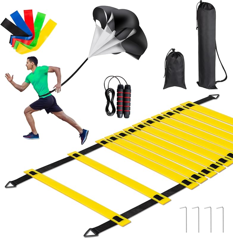 Juego de equipo de entrenamiento de fútbol, ​​escalera profesional de velocidad y agilidad de 20 pies y 12 peldaños, paracaídas de resistencia, cuerda para saltar, 5 bandas de resistencia con bolsa de transporte