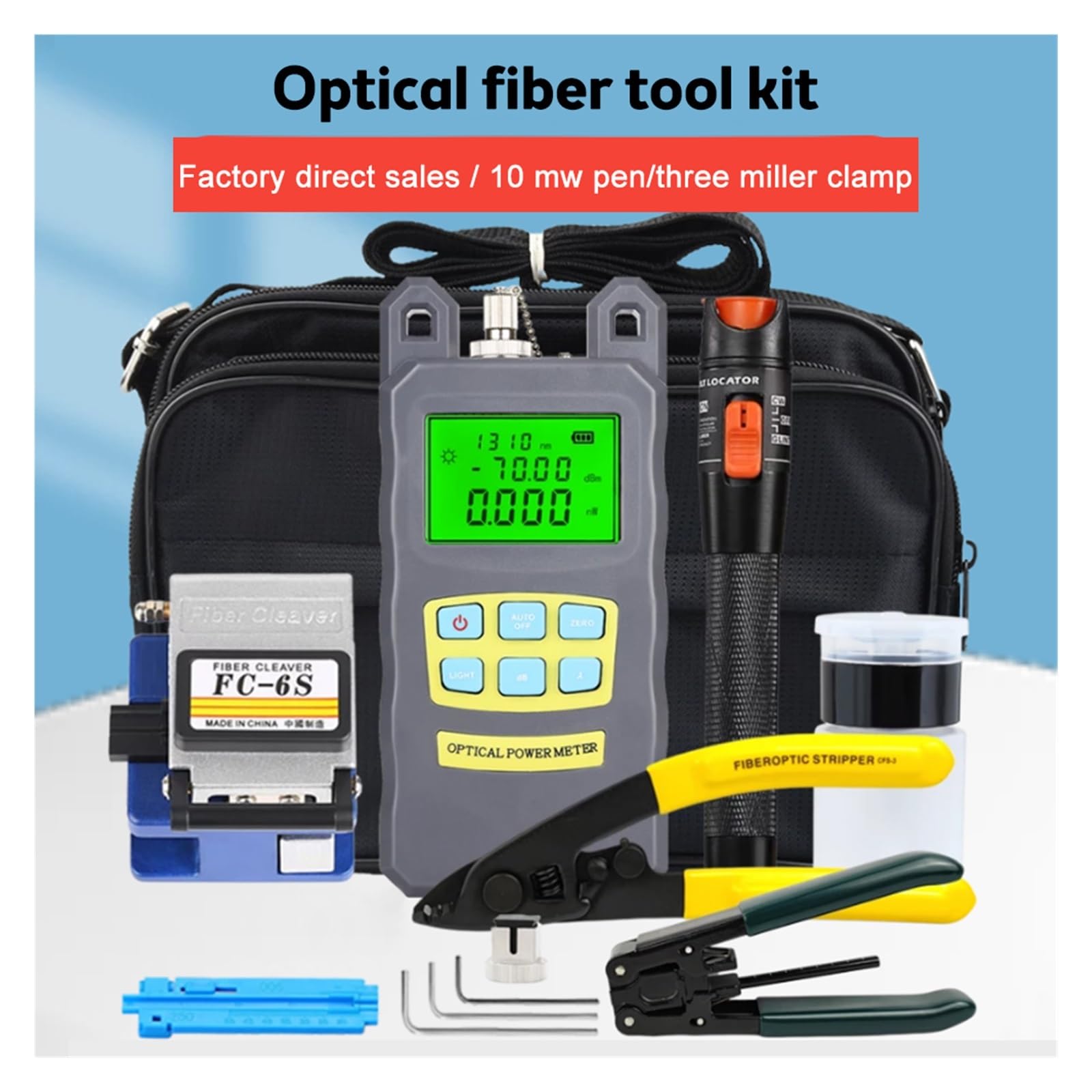Compteur de puissance à fibre optique Kit d'outils de testeur de câble à fibre optique 15 en 1 FTTH, compteur de puissance optique OPM -70-+10dBm localisateur visuel de défauts, stylo testeur VFL 10/2
