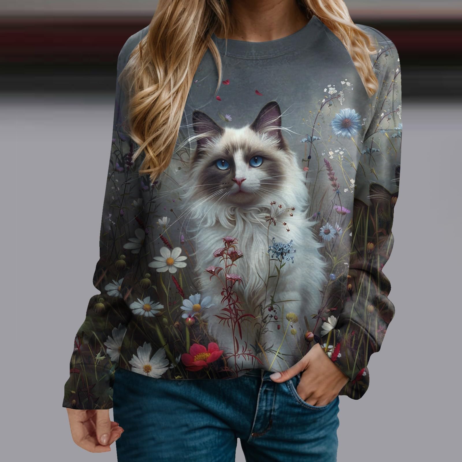 Cropped Sweatshirt Damen süßer Katzenpullover, grafischer Rundhalspullover, übergroßer, origineller, lustiger Sweatshirtpullover
