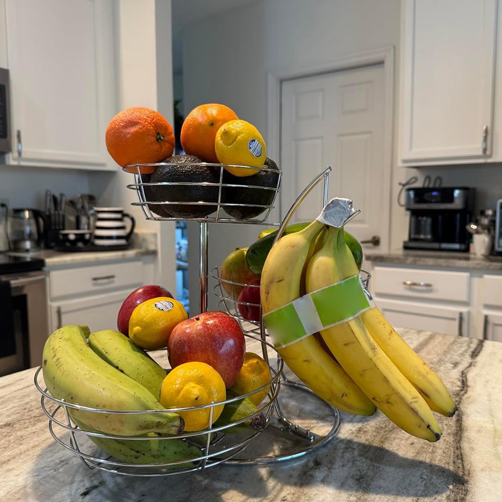 Cesto per la frutta da appoggio 3 pezzi in acciaio con porta banane | Contenitore frutta in ferro per cucina, dispensa, ristorante, cibo, verdure, patate, cipolle, pane, snack