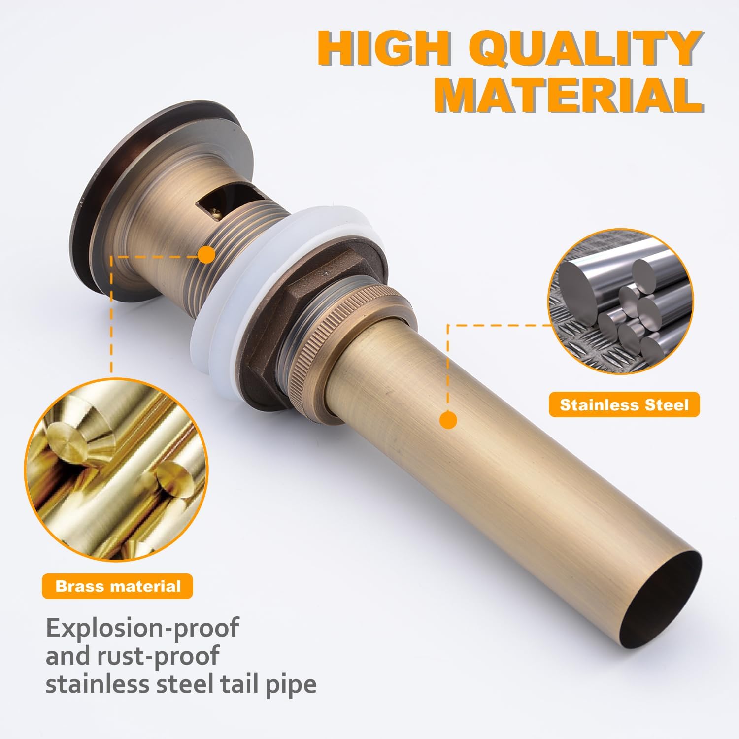 Pop Up Drain Stopper with Overflow, Beelee Bathroom Vanity Vessel Sink Drain, Antique Brass Finish