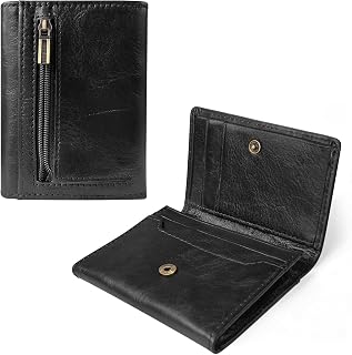 Mens Small Bifold Wallet Genuine Leather RFID Credit Card Holder(Black) | Pocket Card Case Wallet Snap Closure with Zipper Coin Pocket