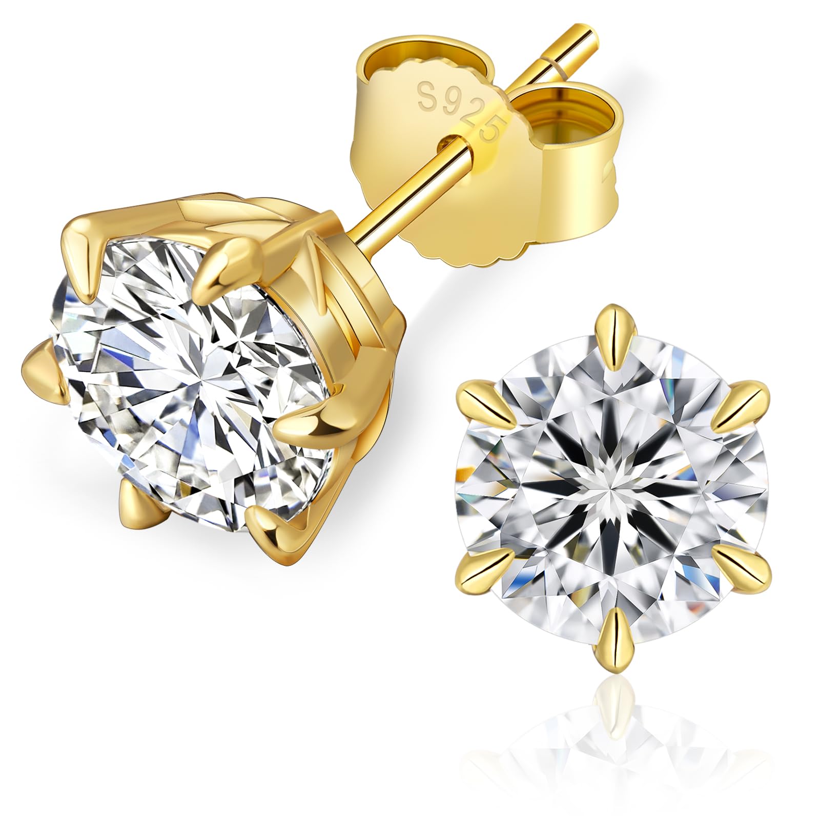 KRKC Moissanite Ohrringe für Damen, S925 Silber Diamant Ohrstecker 3/4/6-Krappen, 14K Gold/Weißgold vergoldet VVS1 D Farbe, 0,6/1/1,2/1,6/2/3 Karat Nickelfrei Rund Ohrschmuck