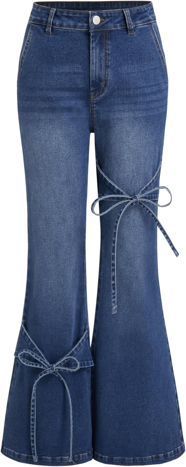 CIDER Women's Bow Wide Leg Jeans Mid Waisted Baggy Flare Jeans with Pockets Trendy Denim Pants Y2K