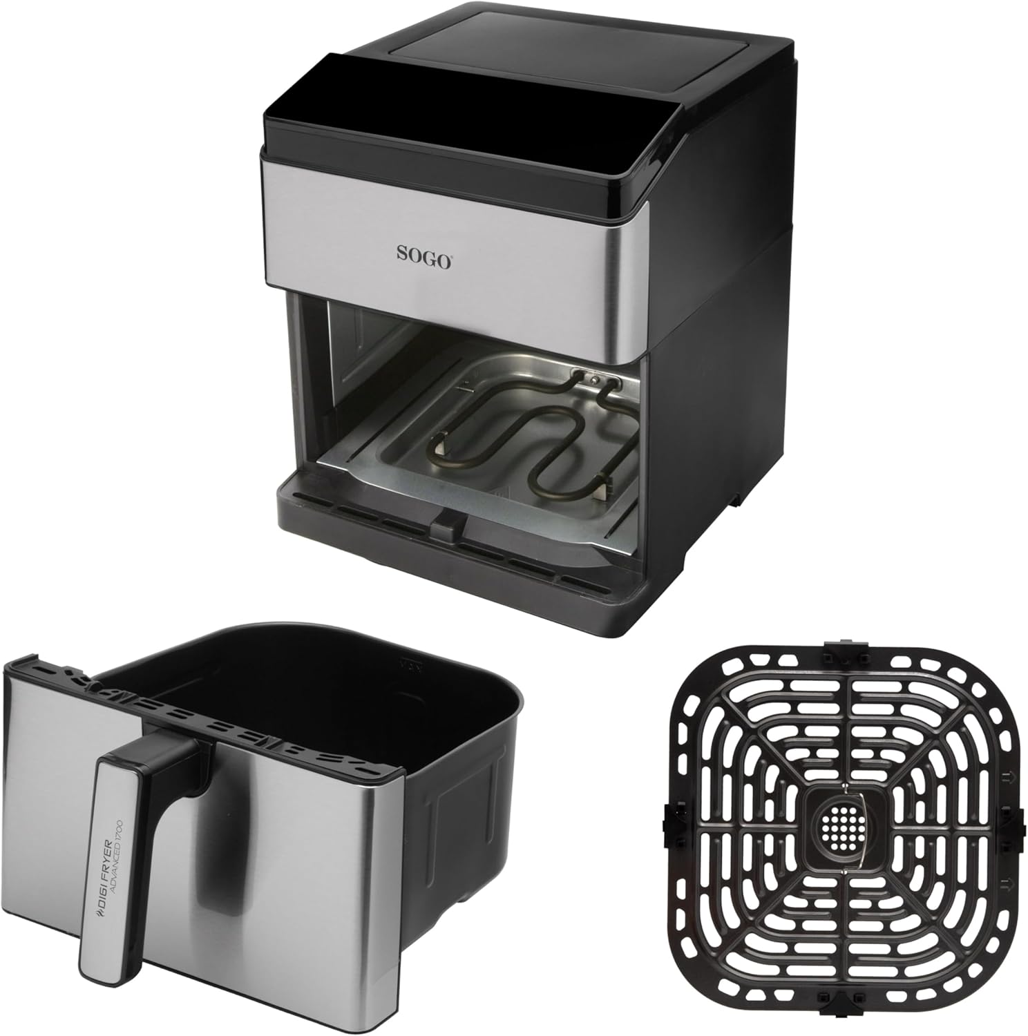 SOGO FRE-SS-10915 Air Fryer components: basket, crisper plate, and interior