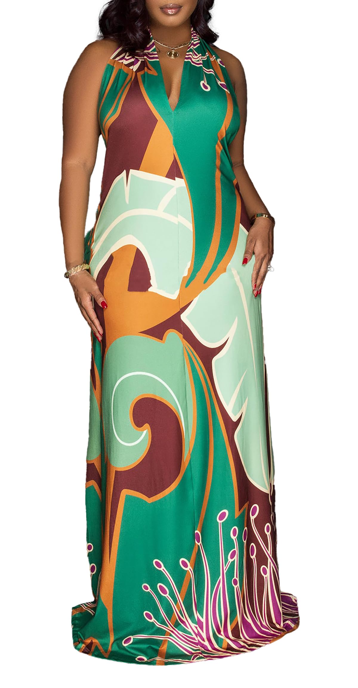 Womens Sexy Summer Dresses Halter Neck Plus Size Long Maxi Dress Casual Floral Beach Sun Dresses with Pockets