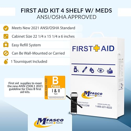 Miniatura 3 de MFASCO Kit de primeros auxilios de metal para el lugar de trabajo, gabinete de montaje en pared de 4 estantes con medicamentos, caja de primeros