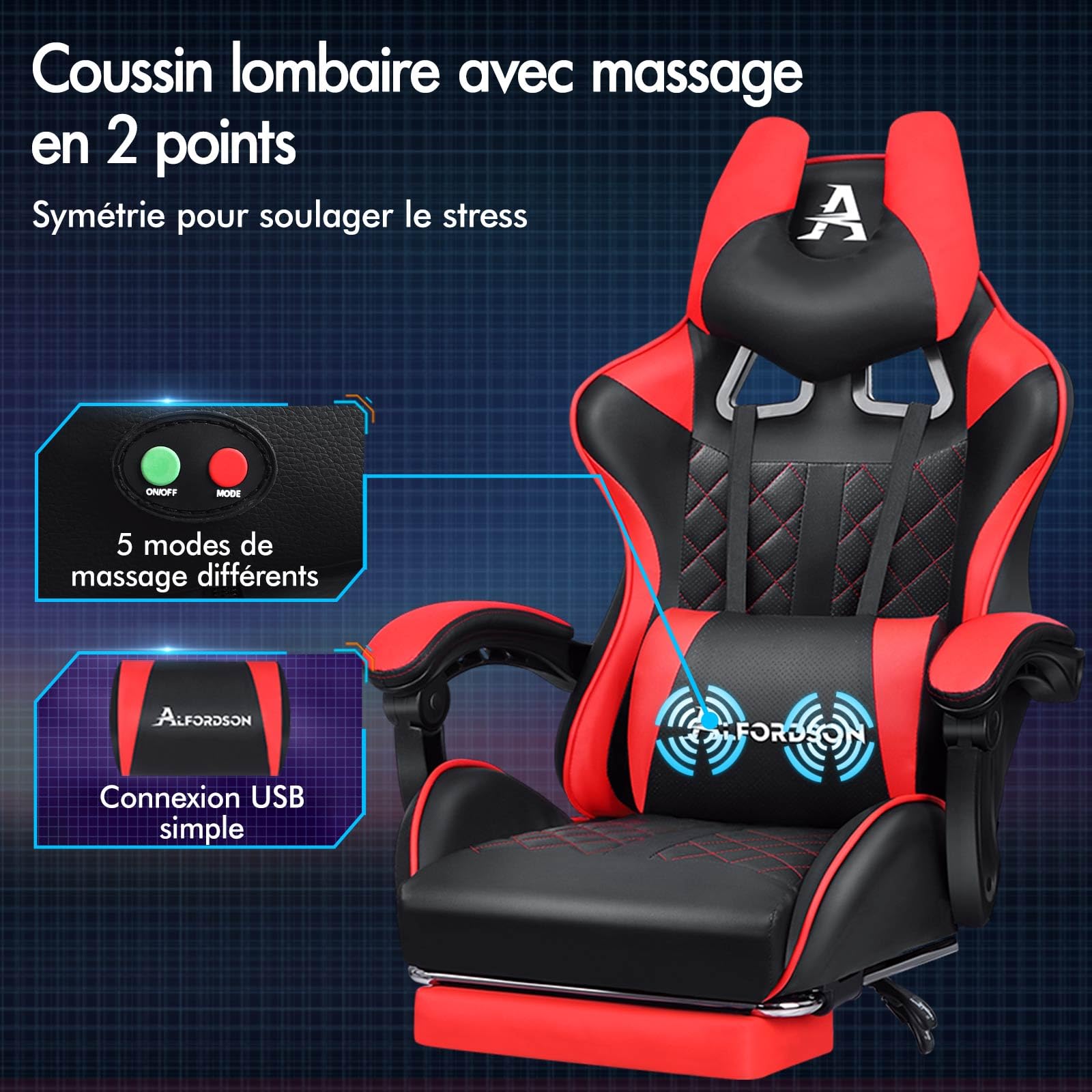 ALFORDSON Chaise de Jeu avec Repose-Pieds et Coussin Lombaire, Chaise de Bureau Ergonomique avec Inclinaison à 150°, Chaise de Bureau pour Jeux vidéo à Dossier Haut, capacité de 180 kg, Rouge