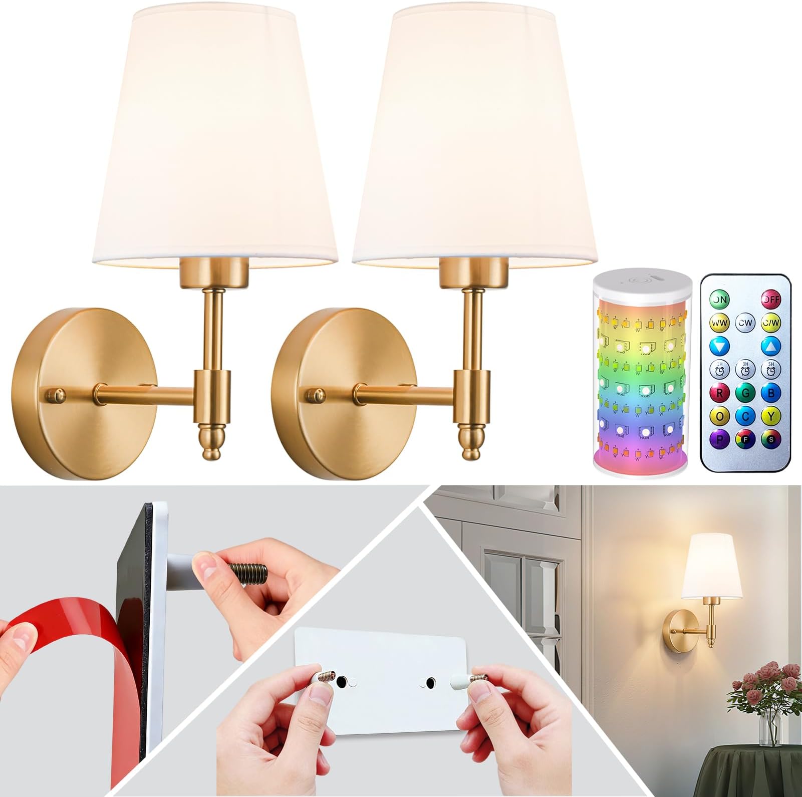 Battery Wall Sconces Set of Two,Battery Operated Sconces Up to 50 Hours Long Life,Rechargeable Cordless Wall Sconce USB Charging, RGB Fabric Wall Lights No Hardwired Need (Color : Brass)