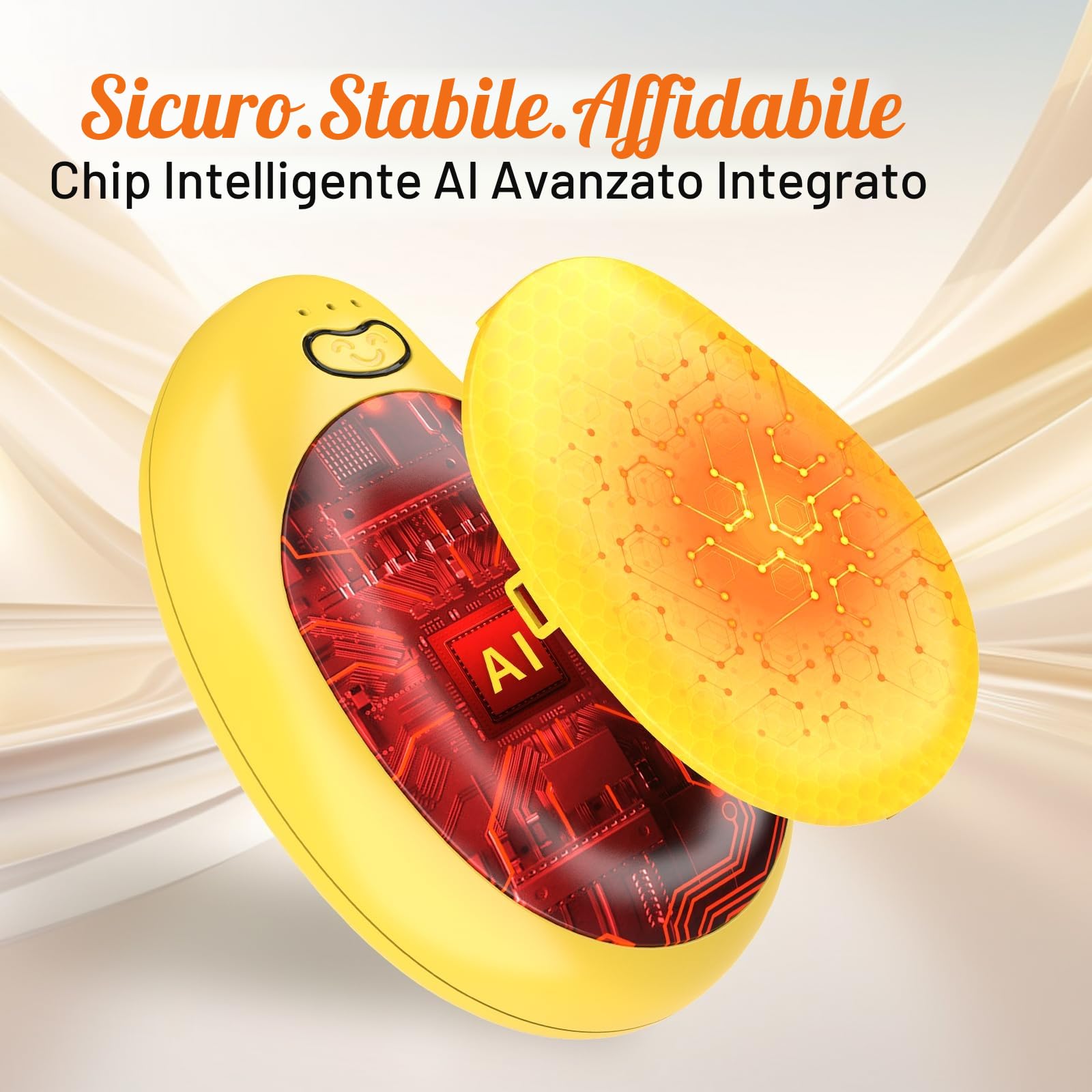 Scaldamani Elettrici 2 Pezzi con Batterie da 8000 mAh, Scaldamani Ricaricabile Tramite USB Tre Regolazioni Della Temperatura, Adatto Come Regalo di Natale Invernale All'aperto,Giallo
