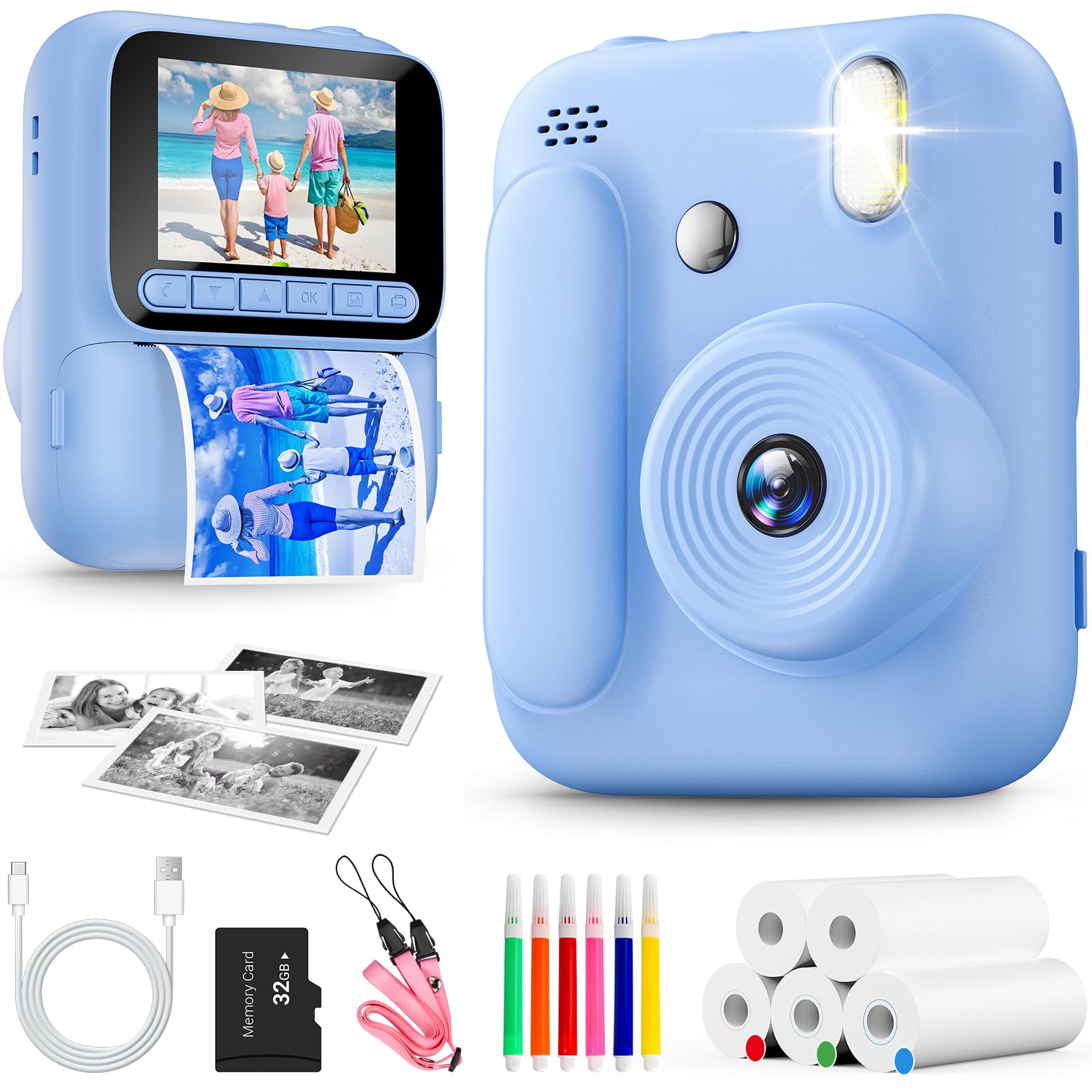 Cámara de Fotos Instantáneas para Niños,Camara Instantánea de 1080P con 5 Rollos de Papel de Impresión,Tarjeta de 32GB y Bolígrafos de Colores,Cámara Digital Portátil para Niños de 3-14 Años (Azul)