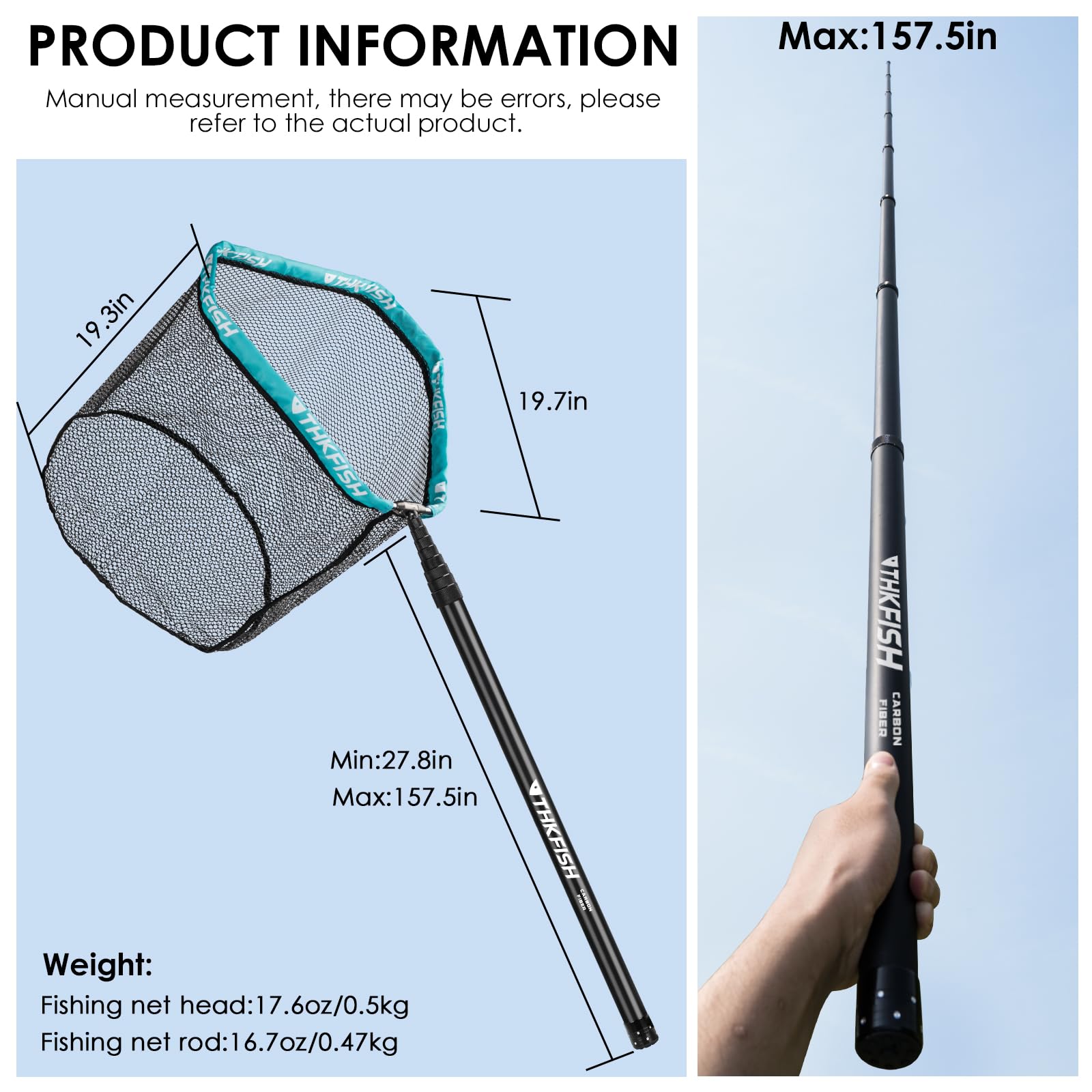 THKFISH 210-400CM Gummierter Kescher, Setzkescher, Carbonfaser Fishing Kescher mit Langem Griff, Teleskop Angelkescher, Aluminiumrahmen Kescher Angeln Gummiert, Fischkescher, Unterfangkescher