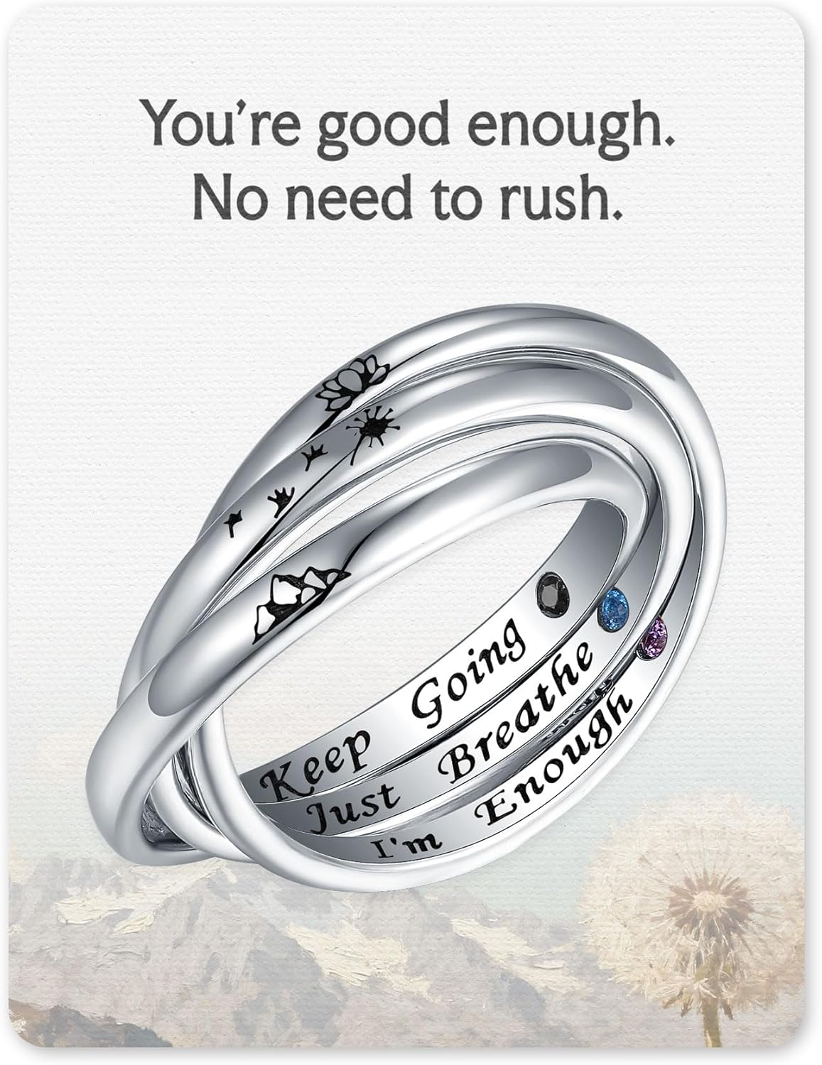 925-Sterling-Silver Interlocking Trinity Rings for Women – Mountain Keep Going, Dandelion I’m Enough, Lotus Just Breathe Inspirational Fidget Jewelry Gift for Unique Birthday Christmas Size 7
