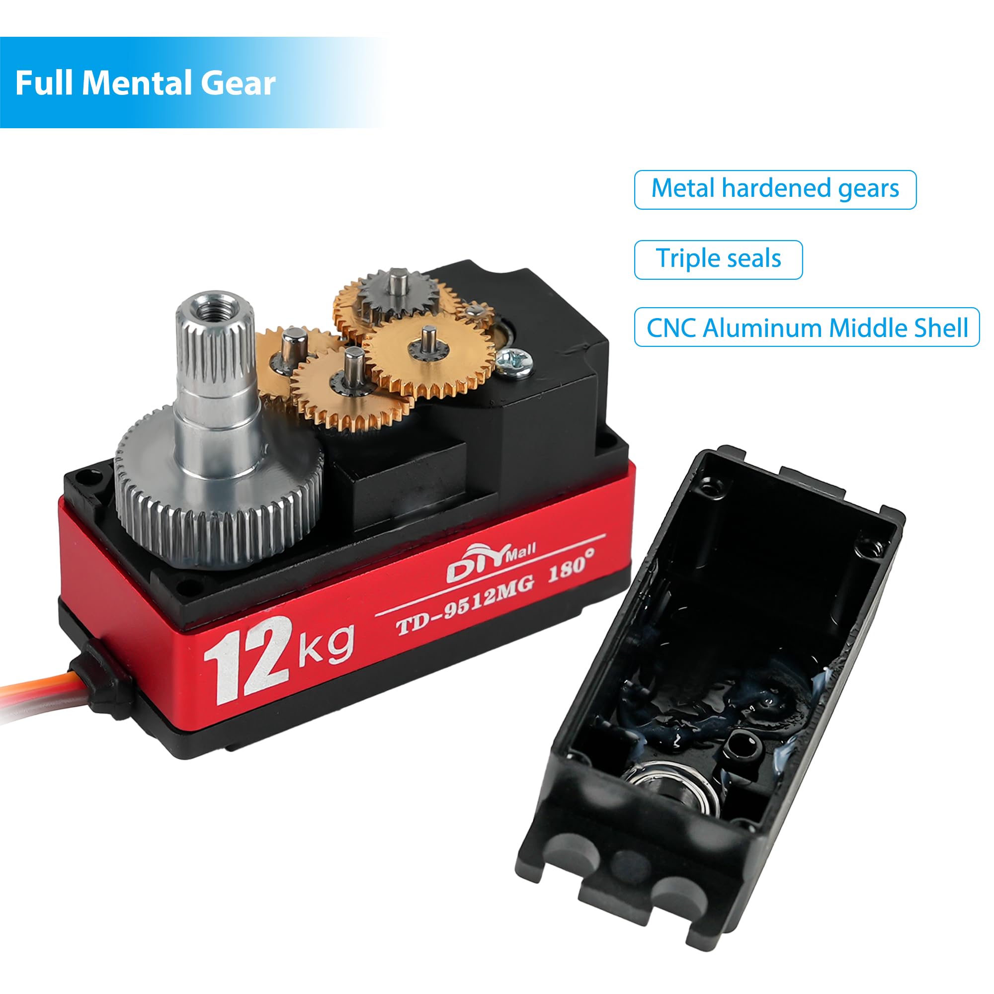 Servo 12kg Basso Profilo 180 TD-9512MG RC Servo Digitale Impermeabile Full Metal Gear Ad Alta Velocità per 1/8 1/10 RC Auto Elicottero Coda Robot (Ordinario (rosso))
