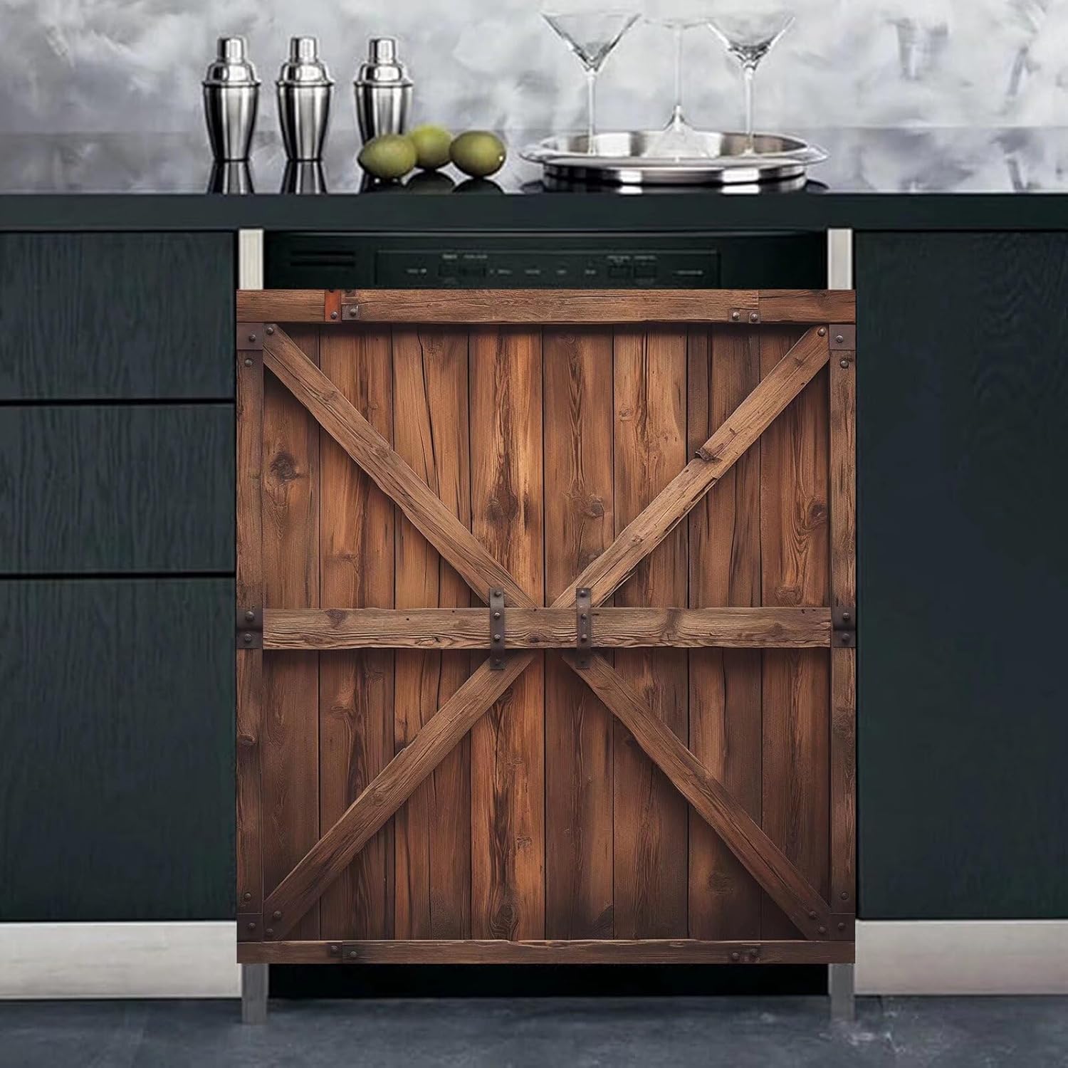Vintage Barn Door Dishwasher Magnet Cover for The Front, Wooden Door Magnet Refrigerator Door Cover, Reusable Home Appliances Decor Sticker (Farmhouse Barn Door 1, 23" x 26" Magnetic)