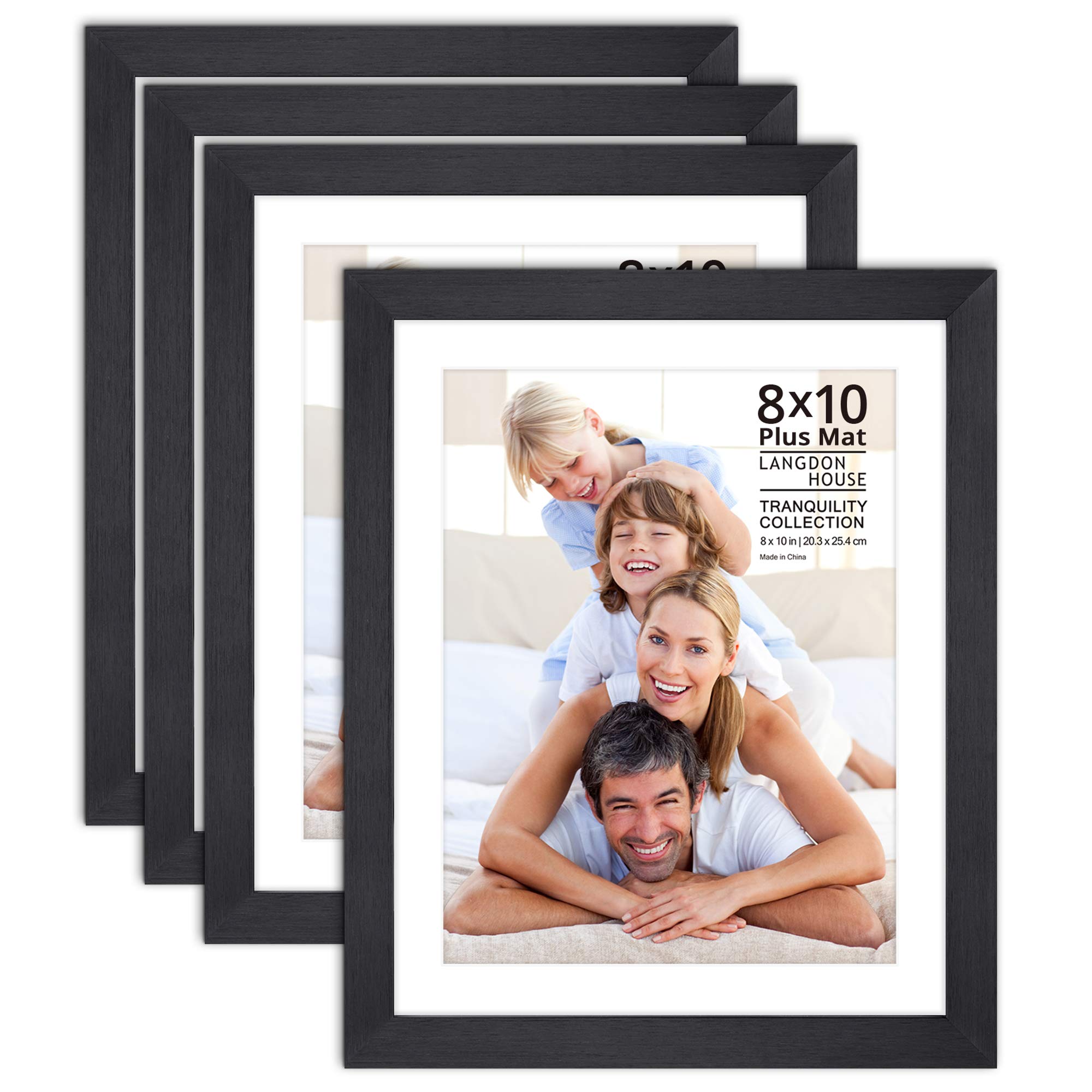 Langdon House 8x10 Picture Frame Set w/Mat (Black, 4 Pack), Sleek & Classic, Fabulous Black 8x10 Frames, Removeable Mat, Swivel Tabs, Table Top Easel, and Wall Hanging Hooks, Tranquility Collection