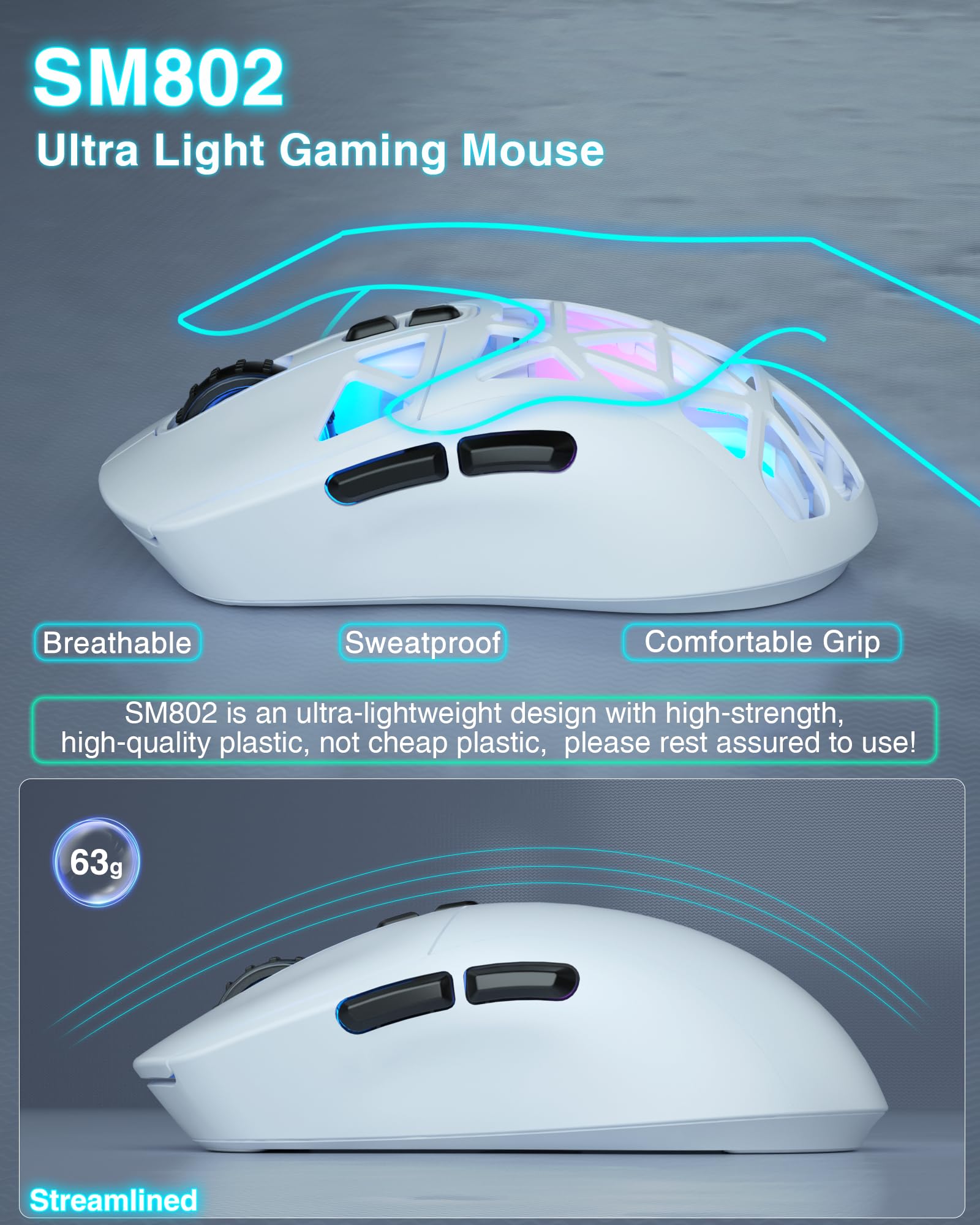 SOLAKAKA SM802 - Ratón inalámbrico blanco para juegos, 10000 DPI, Tri-Mode Wired/BT 5.0/2.4GHz Ratón inalámbrico para juegos con botón lateral, mouse macro programable RGB para laptop