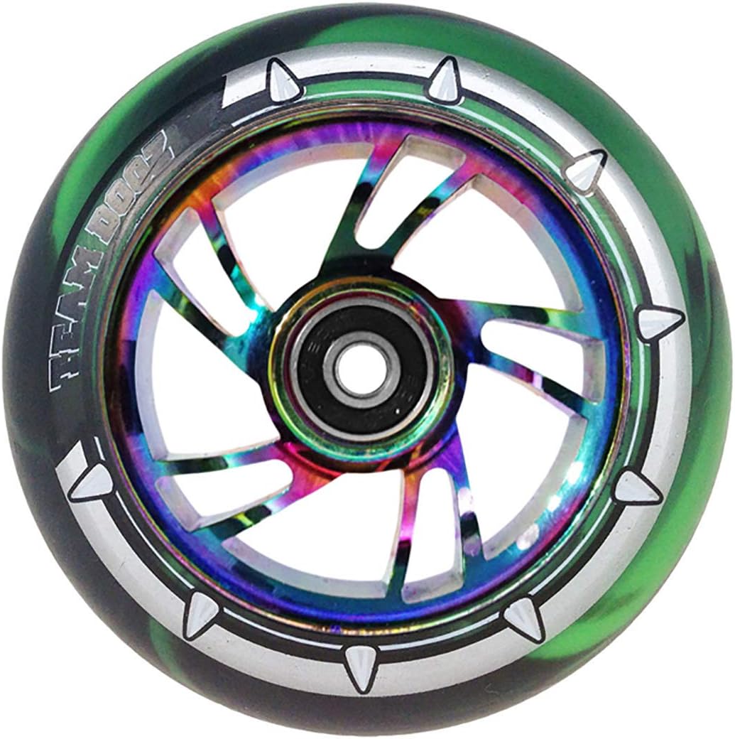 1 x Team Dogz 100mm Rainbow Swirl Alloy Stunt Scooter Wheel With Mixed 88A PU Rubber And Neo Chrome Oil Slick Jet Fuel Core (Green & Black PU)