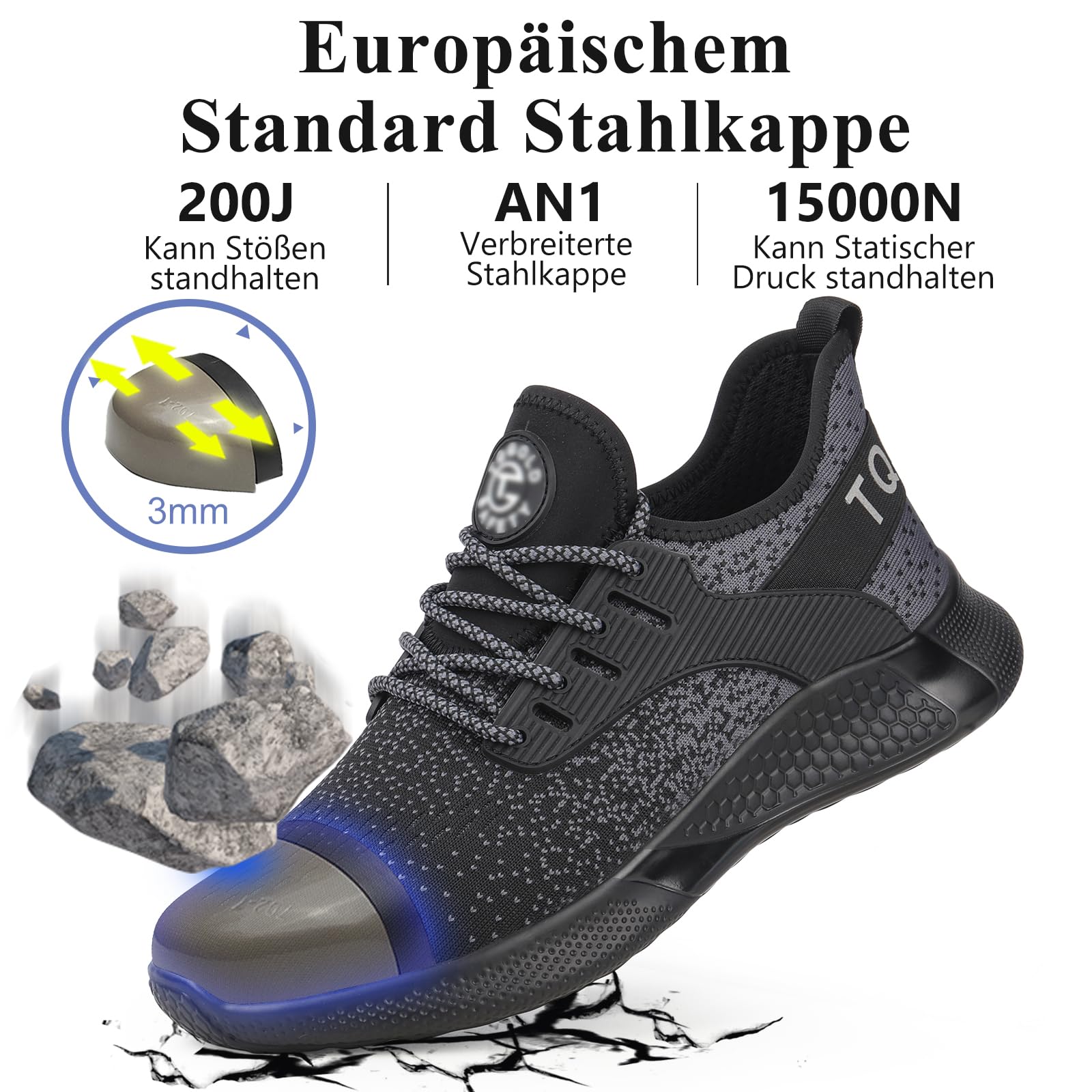 AONETIGER Buty ochronne dla mężczyzn i kobiet, lekkie buty robocze, stalowy nosek, sportowe, oddychające, antypoślizgowe, 8195 czarny, 45 EU