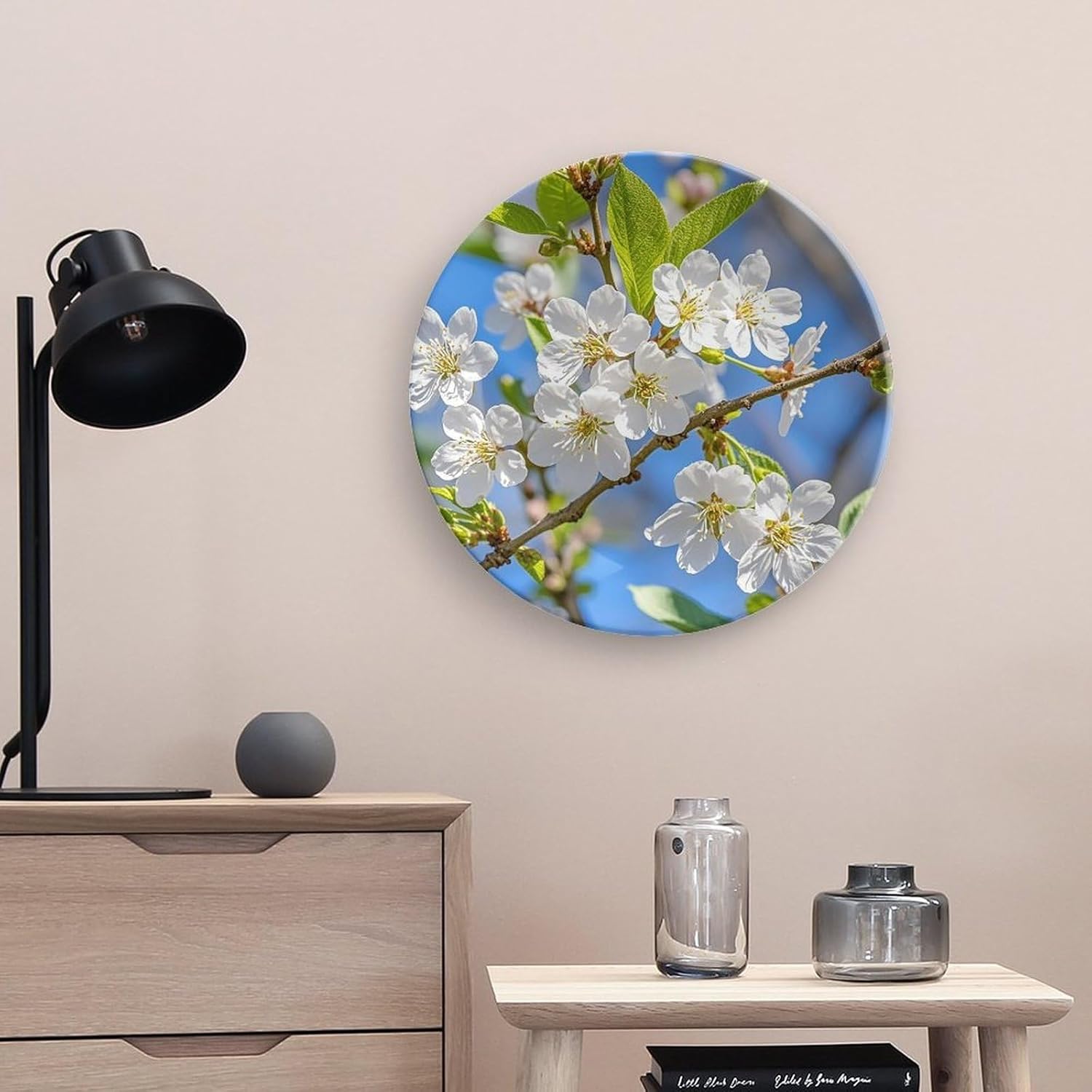 Beautiful Spring Cherry Blossoms Decorative Ceramic Plate Round Porcelain Plate Decor Personalized Bone China Decorative Plates Ceramic Ornaments Dessert Plates with Display Stand 10inch