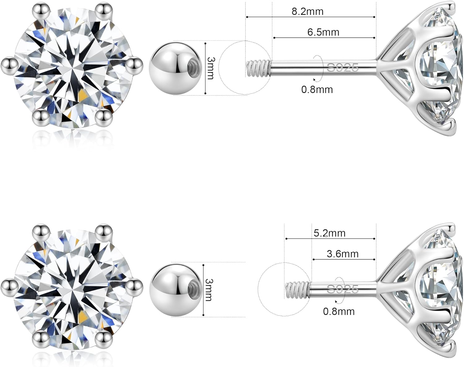 Moissanite Screw Backs Stud Earrings, GRA Certification, 4 or 6 prongs Solitaire Brilliant Cut Moissanite Diamonds Screw Backs Silver Stud Earrings, Sleep Wearing Hyperallergic