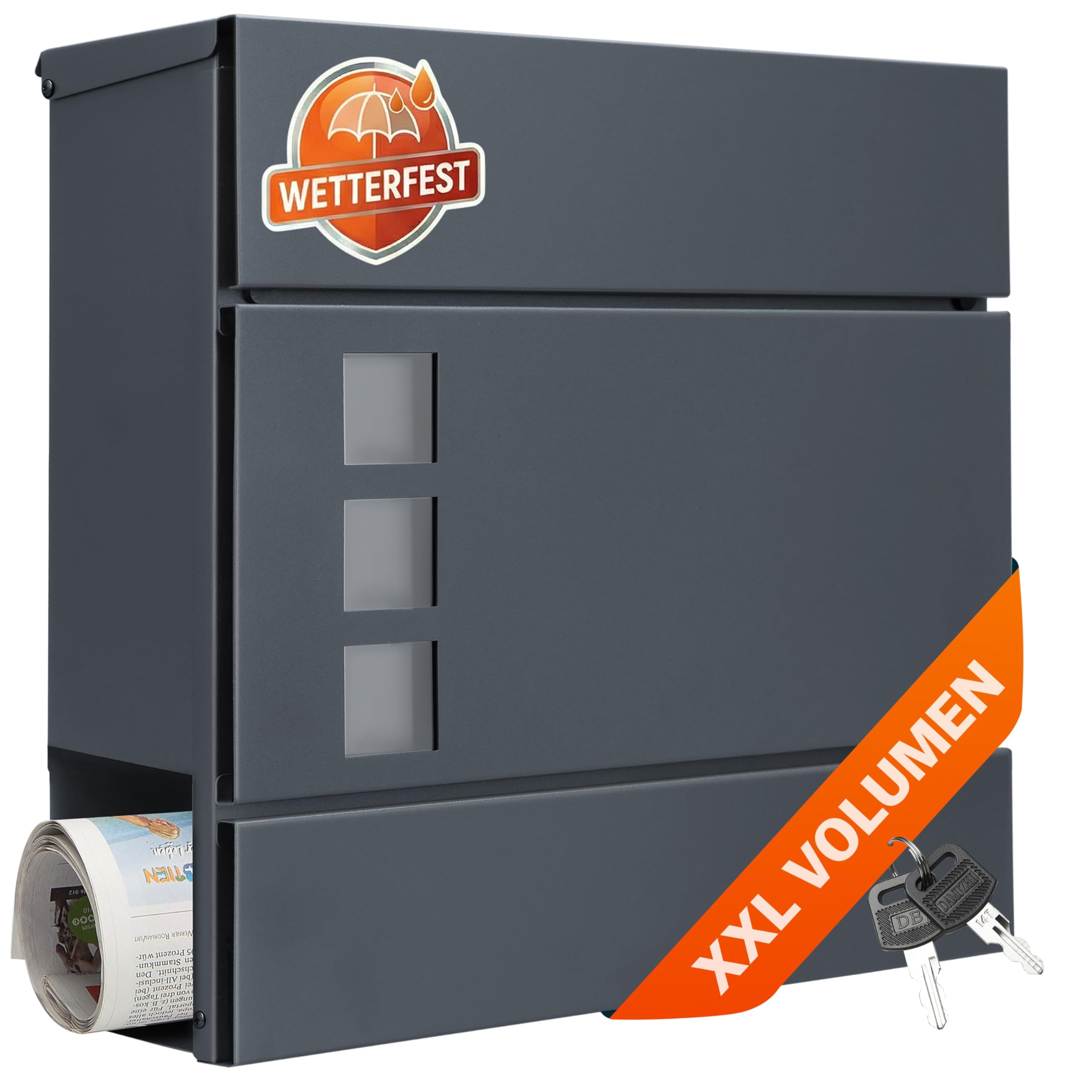 MONZANA® XXL Briefkasten Postkasten mit Zeitungsfach Sichtfenster abschließbar 2 Schlüssel Montagematerial Stahl modern einfache Montage Zeitungsrolle Wandbriefkasten Anthrazit