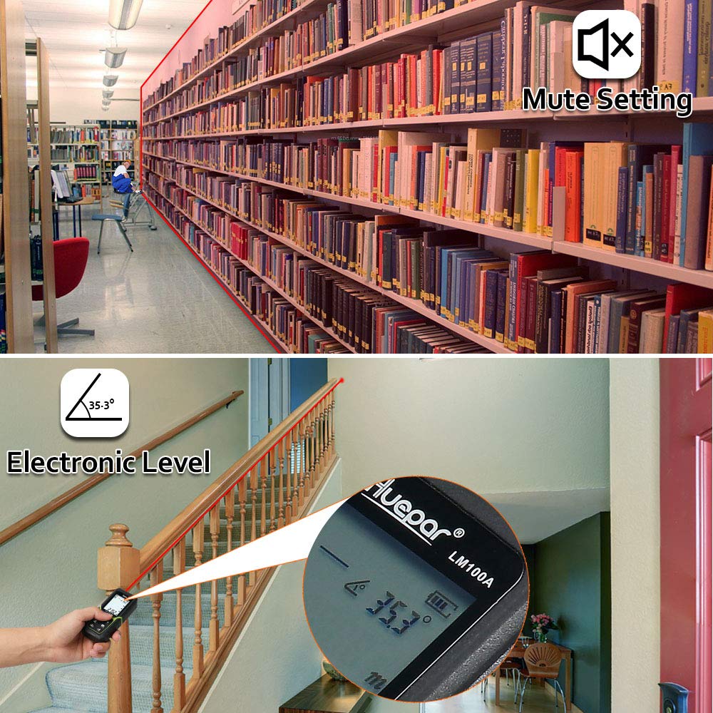 Huepar Laser Distance Measure 330Ft with Li-ion Battery & Electric Angle Sensor, Backlit LCD Laser Measure M/In/Ft with High Accuracy Multi-Measurement Modes, Pythagorean, Distance, Area&Volume-LM100A image_2