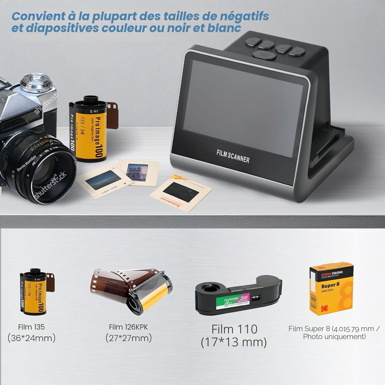 22 MP Scanner Diapositives avec écran LCD de 5" - Visionneuse Diapositives Scanner Photo Convertit Les Négatifs et Diapositive Couleur et Noir et Blanc 35 mm, 126, 110 en Haute résolution JPEG