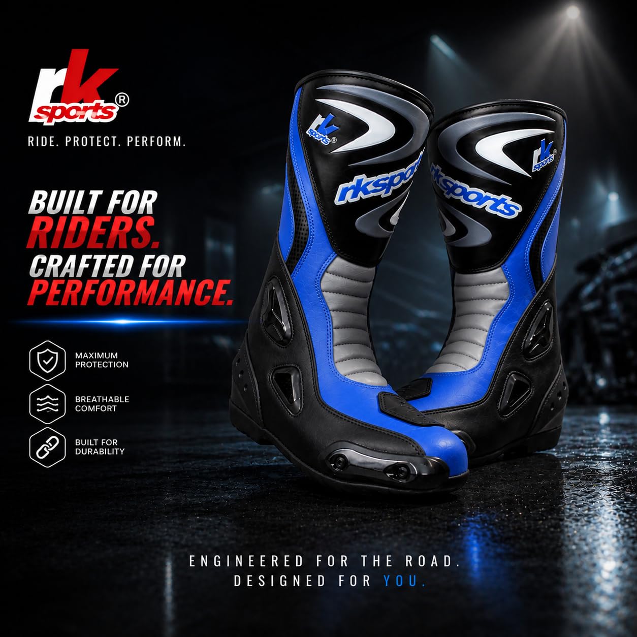 LV14 Bottes de moto en cuir blindé imperméables Noir/bleu/rouge