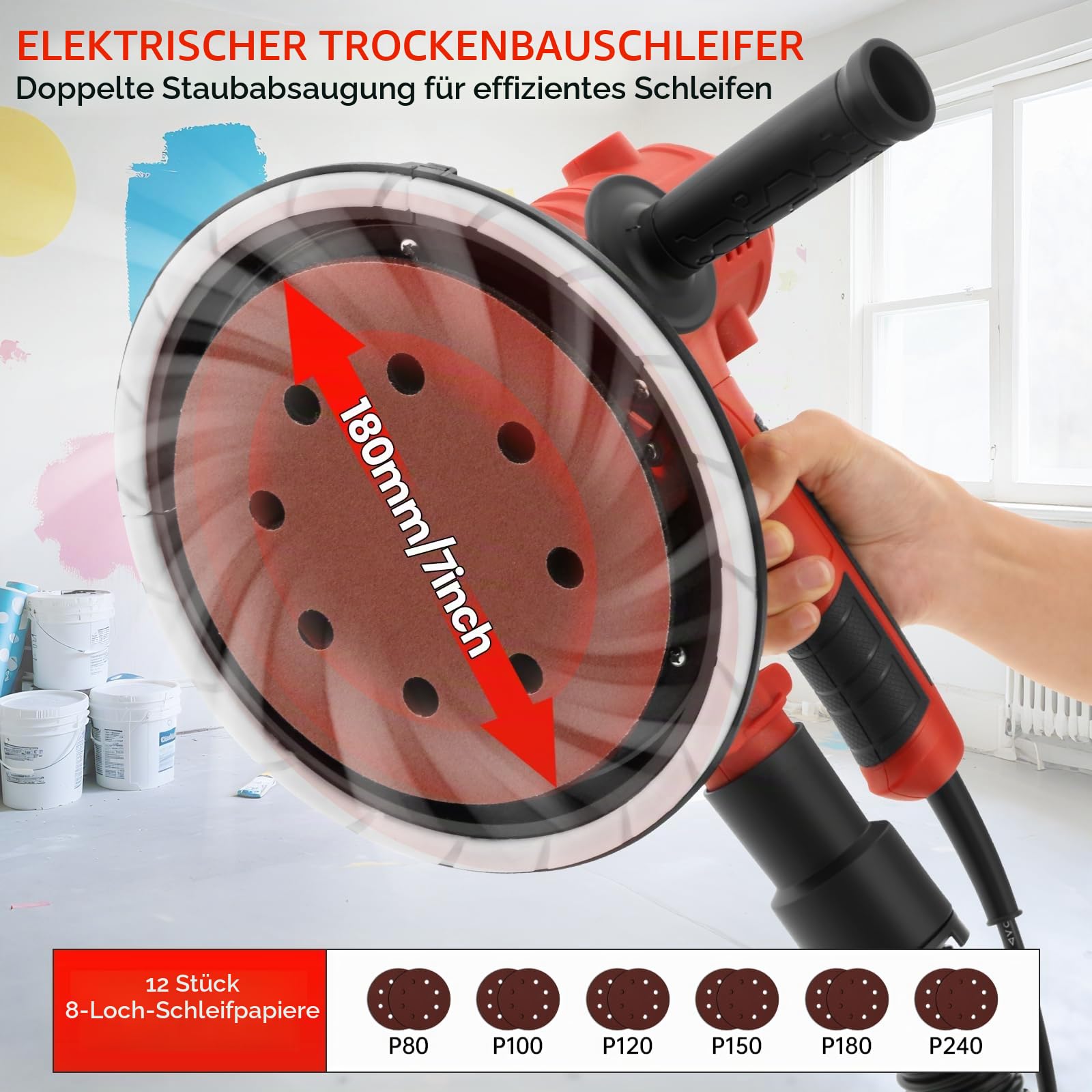 800W Trockenbauschleifer,Wandschleifer, 6 Geschwindigkeitsstufen,ausgestattet mit einer großen,Schleifteller mit Bürstenkranz, integrierte Staubabsaugung, inkl.12x 180 mm Schleifpapier
