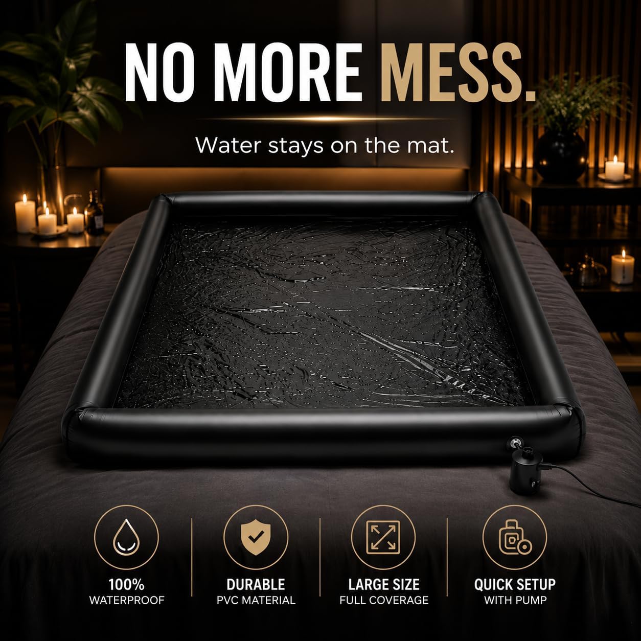 Inflatable Massage Sheet w/Inflatable Sides, 64 x 75 x 6 Inch Durable PVC Vinyl Mattress Protector Self-Inflating Waterproof Bed Sheets, Easy to Clean, for Indoor & Outdoor Use