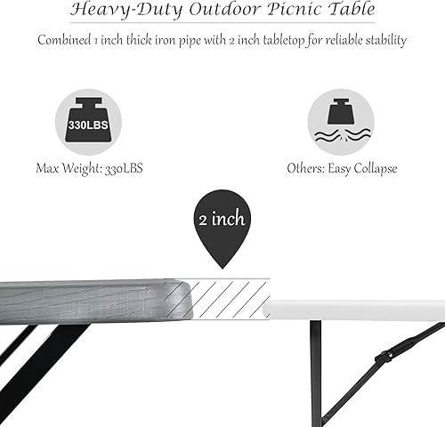 Miniatura 5 de Giantex Juego de banco de mesa de picnic para acampar al aire libre, para todo tipo de clima, base de metal, textura similar a la madera, patio