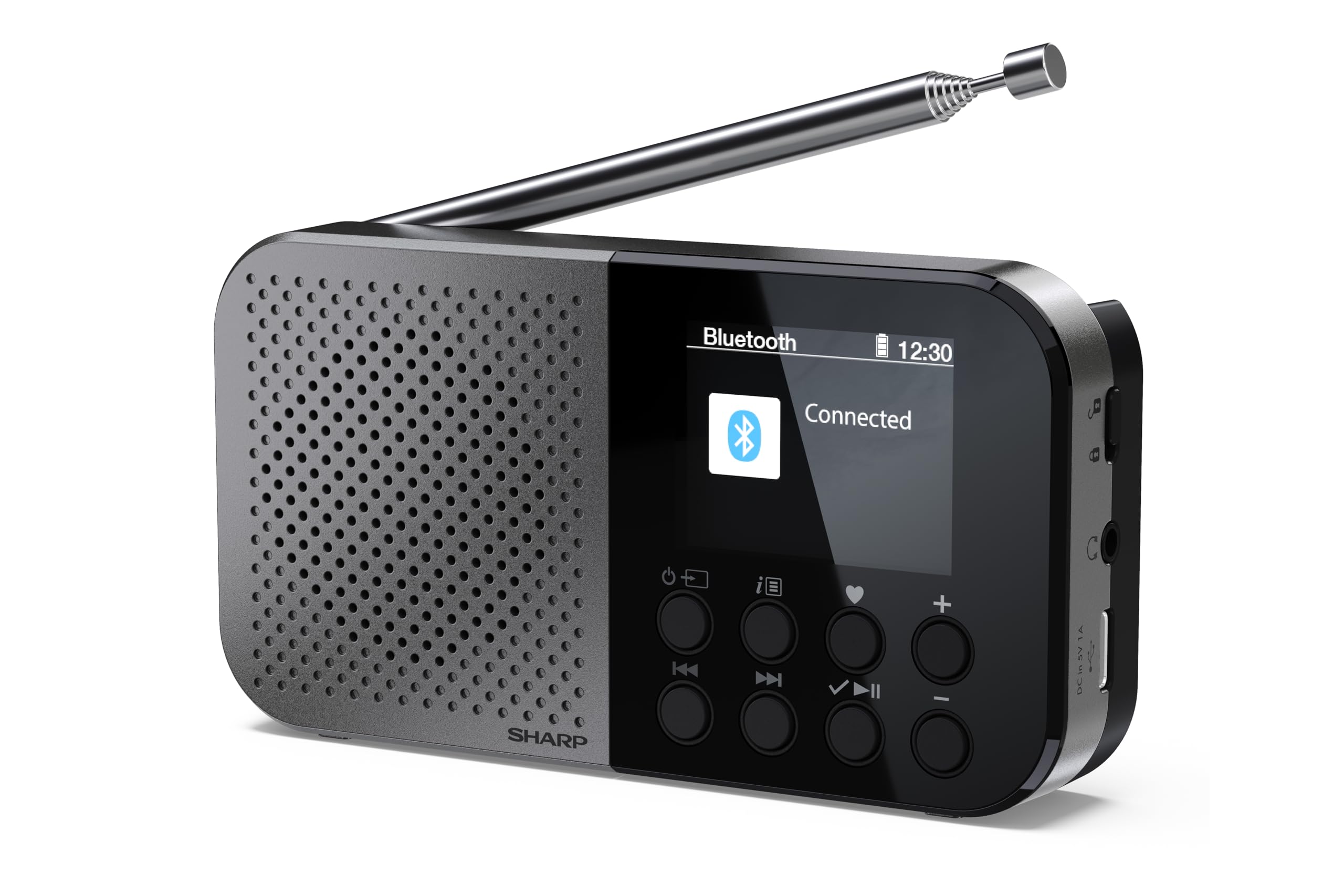 SHARP DR-​P520(GY) Osaka - Radio digitale portatile tascabile con Bluetooth 5.3, lettore audio mono DAB+/​FM, compatto e leggero, alimentato tramite USB-​C/​a batteria, doppia sveglia, colore: grigio