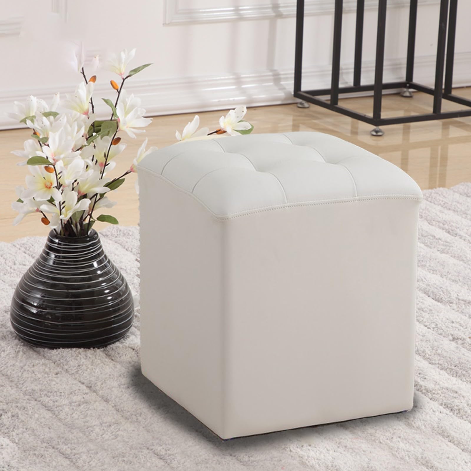 Pouf coffre et banc ottoman de rangement carré 32x35cm avec assise rembourrée fixe