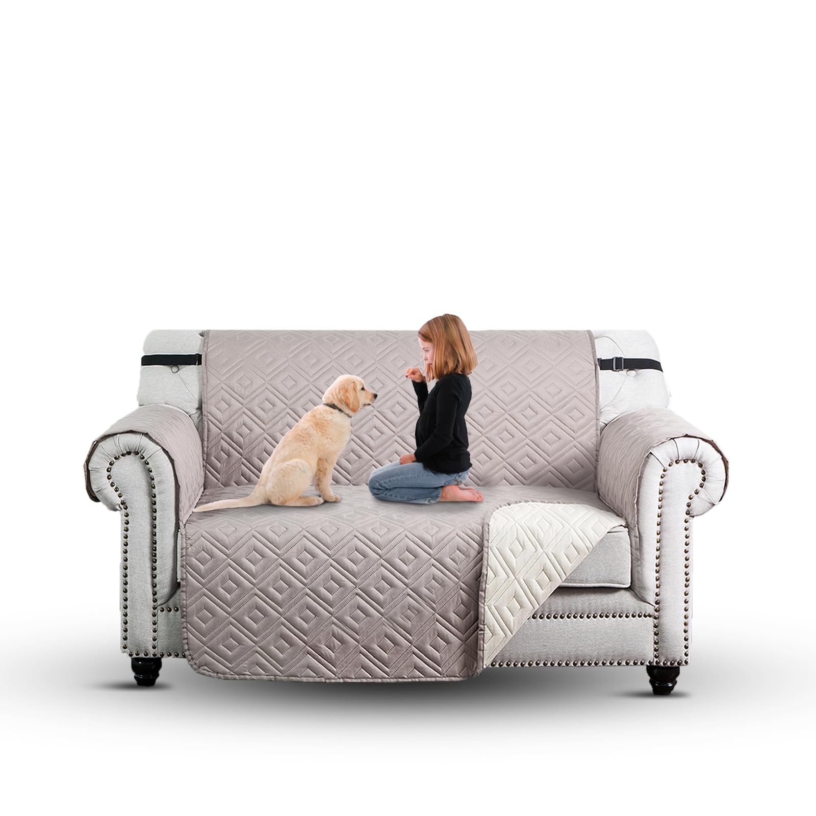 Moonlight Bedding Beige-Cream Water Resistant Sofa Cover 2 Seater Sofa Protectors From Pets Reversible Couch Covers Non-Slip Washable Furniture Slipcovers With Elastic Straps For Kids Dogs (Loveseat, Beige/Cream)