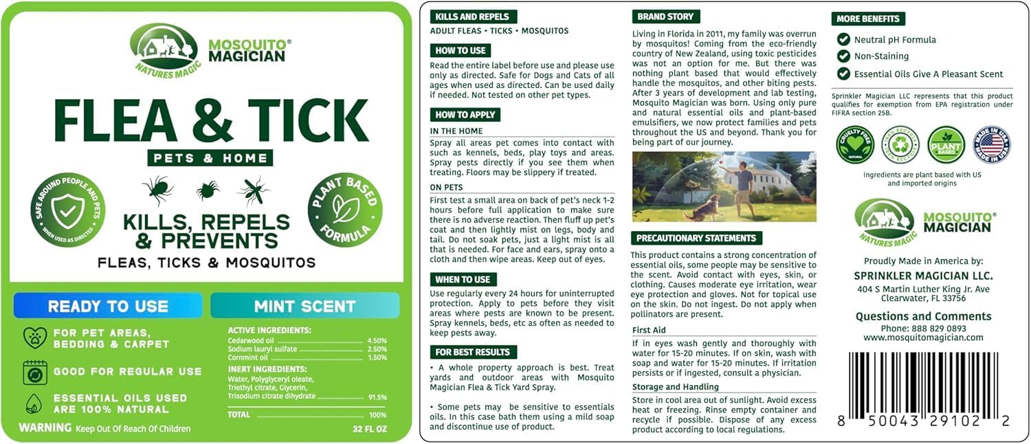 Mosquito Magician Indoor and Outdoor Flea & Tick Spray - Use for Carpet, Furniture, Bedding, Couches & Pets – Plant-Sourced with Essential Oil – Mint, 32 OZ