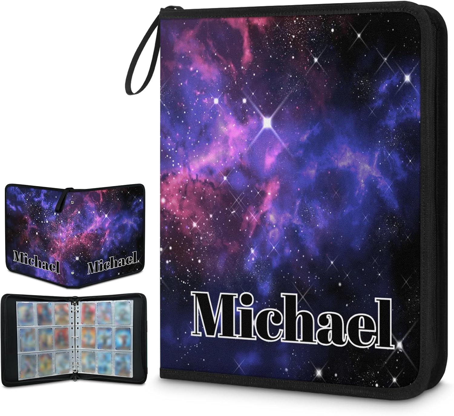 Personalized Space Galaxy 9 Pocket Trading Card Binder Hold 900 Cards Collection Binder for MTG, TCG, Sports & Game Cards, Customized Gifts, Purple Blue Nebula