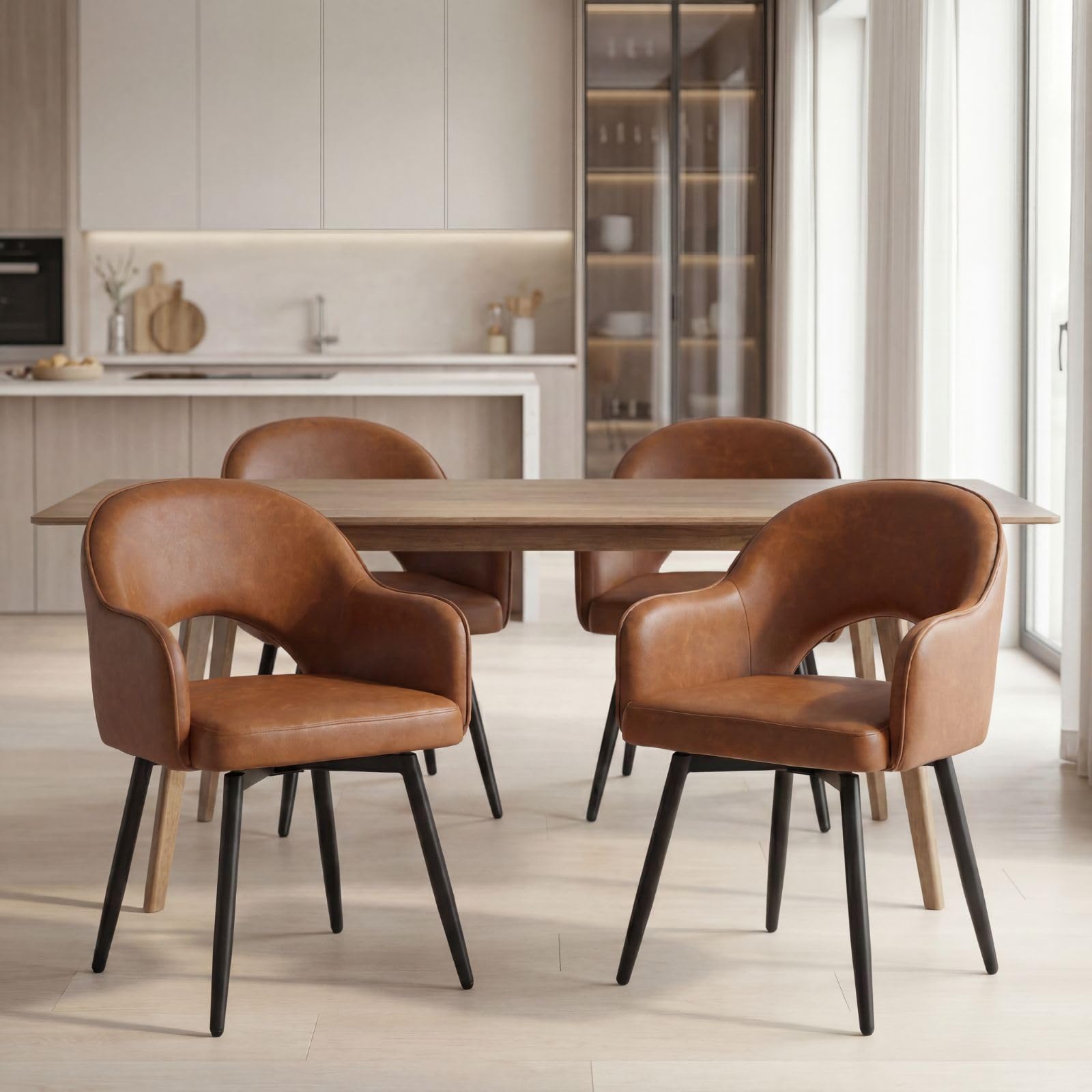 Ya-Home Juego de 2 Sillas de Comedor Silla Cocina Giratoria,Marrón | PU Cuero, Giro 360, Patas Metal, Cojín Comodo , Brazos y Respaldo Hueca, Antideslizante, para Hogar/Restaurante, MAX 113KG