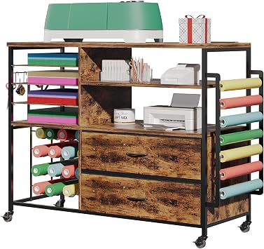 Rolling Craft Storage Cart with Power Outlets, Vinyl Roll Holder & Drawers