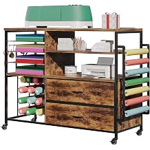 Rolling Craft Storage Cart with Power Outlets, Vinyl Roll Holder & Drawers