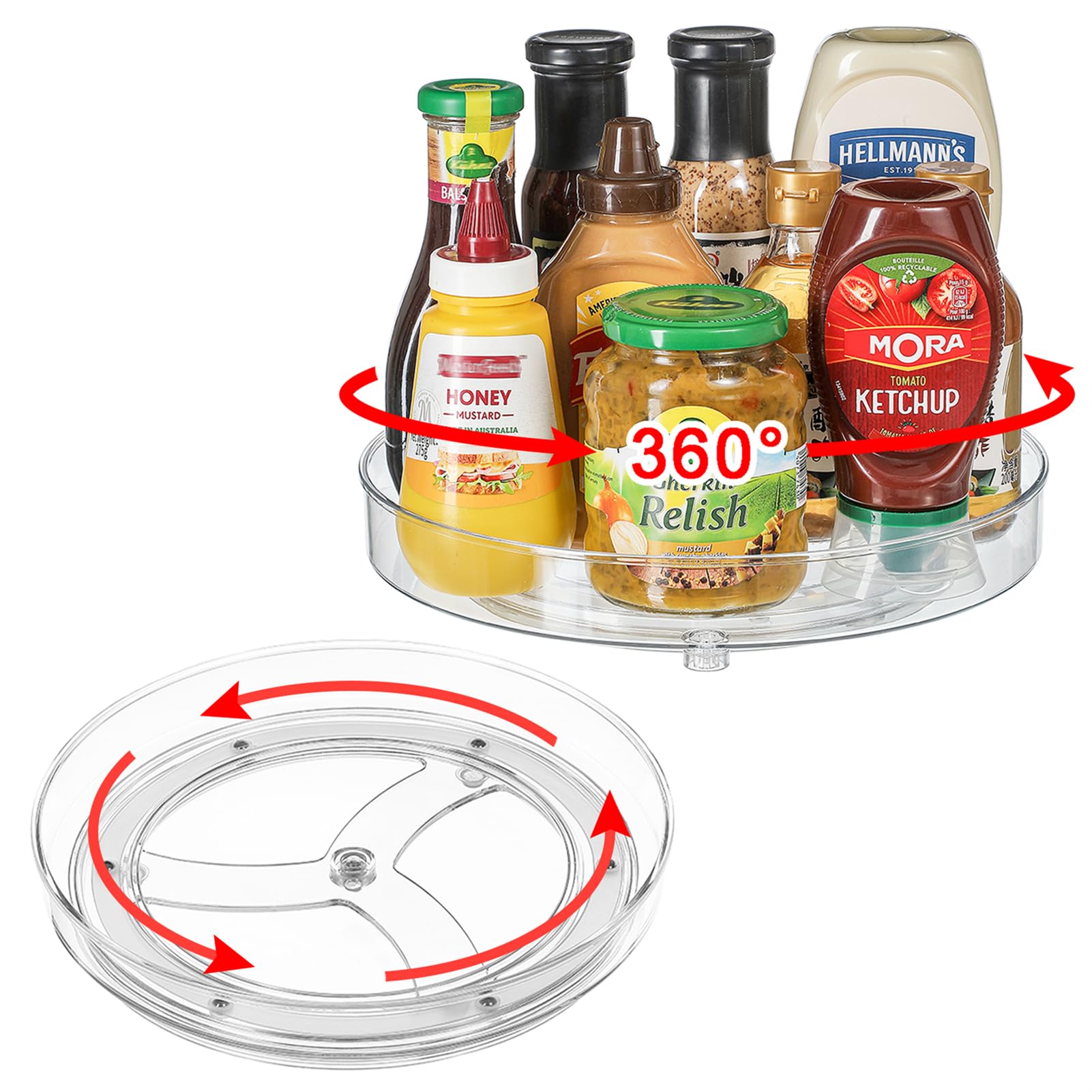 Famhap Drehteller Kühlschrank Organizer 22+23cm, 360° Drehbarer Küchen Gewürz Organizer, Kunststoff Drehplatte für Gewürz Speisekammer Schrank Badezimmer Kommode, Transparent