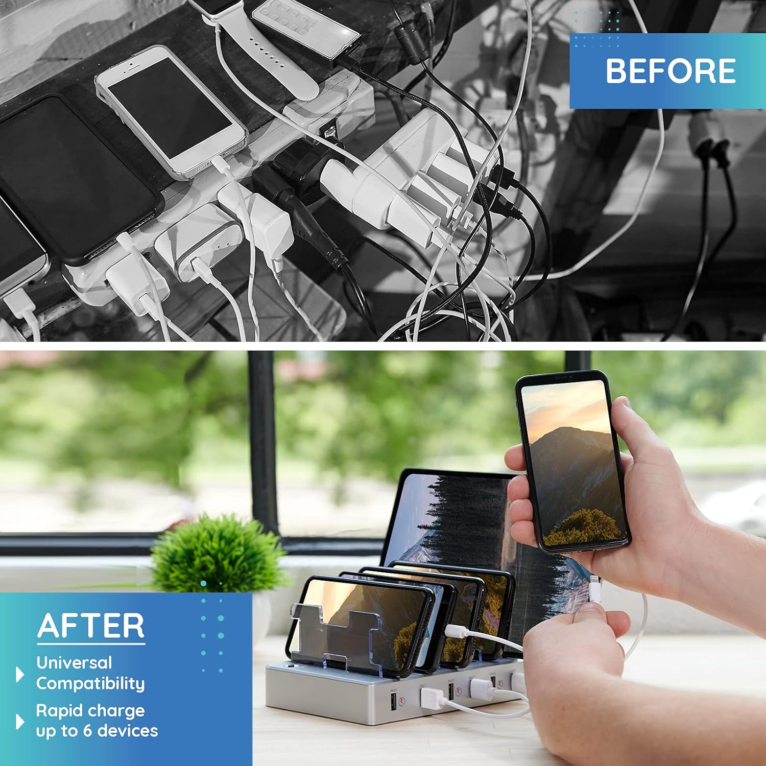 Hercules Tuff Charging Station for Multiple Devices with 6 USB Fast Ports and 6 Short Mixed USB Cables for Cell Phones and Other Electronics Silver : Cell Phones & Accessories